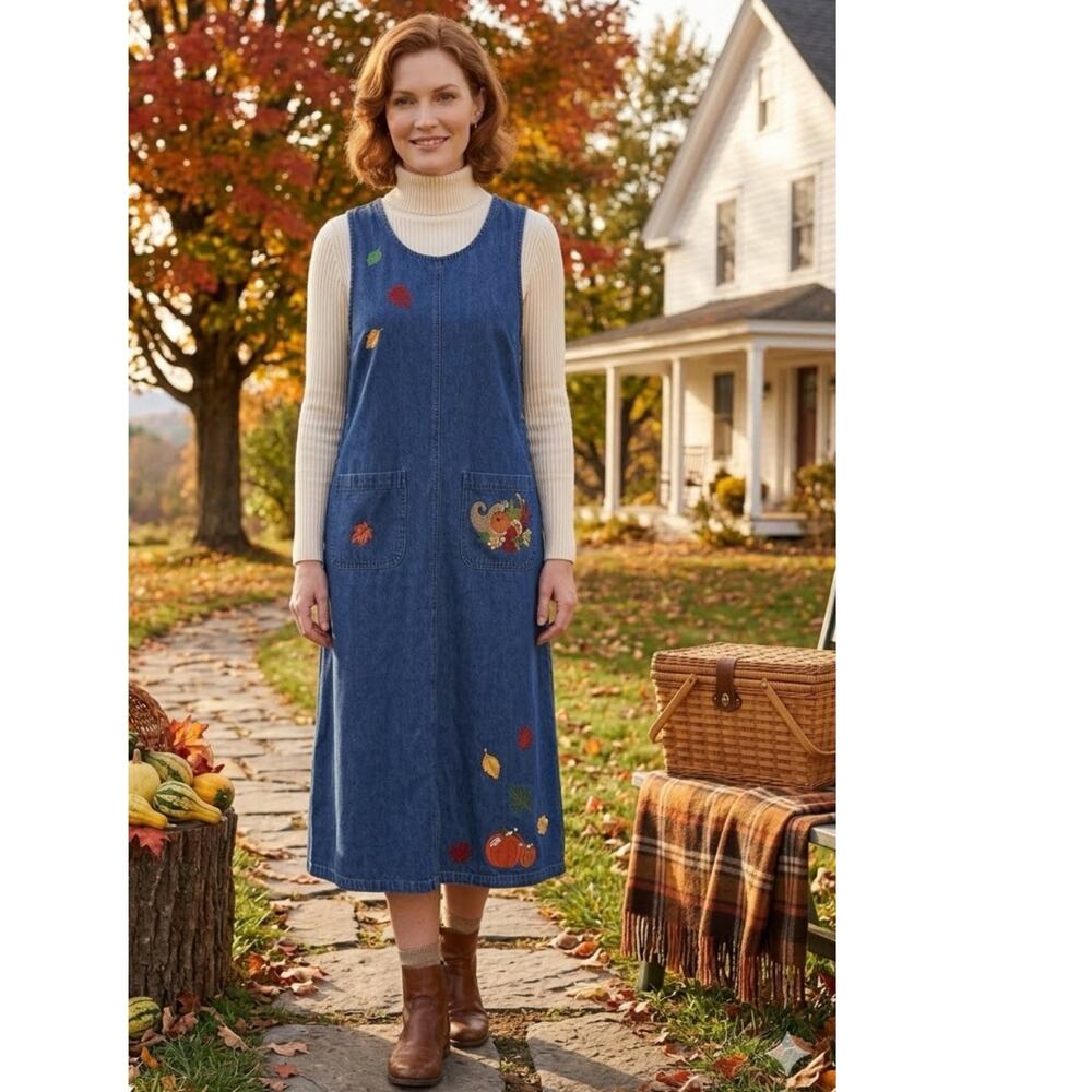 VTG Denim Jumper midi dress Pumpkin Fall Harvest print Size M Thanksgiving 90's